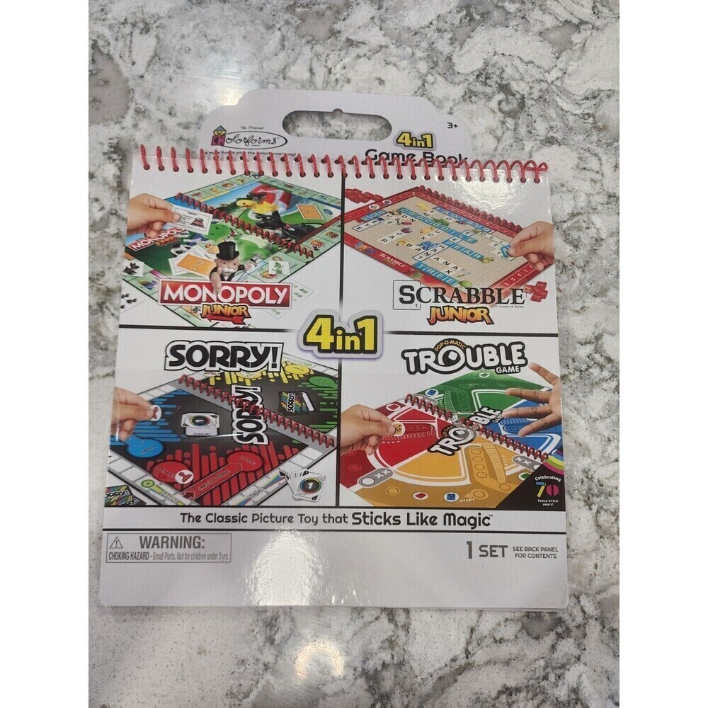 Colorforms 4in1 Game Book (Monopoly, Sorry, Trouble, Scrabble) NEW
